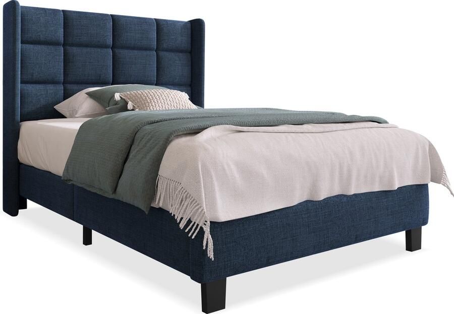 Merax Gestoffeerd Bed 90x200 cm met Hoofdbord en Lattenbodem Blauwe Linnen Bed voor Volwassenen en Tieners Medium Hardheid (Matras niet Inbegrepen)