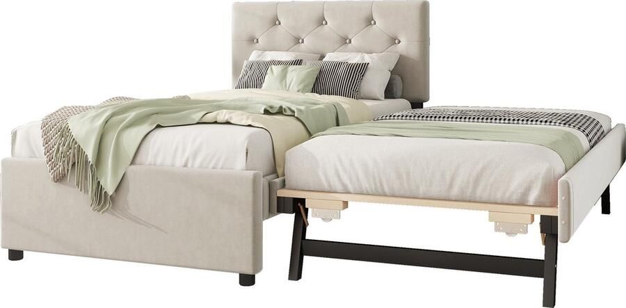 Merax Gestoffeerd Bed 90x200 cm met Houten Lattenbodem Uittrekbaar Bed met Opberglade Fluweel Beige - Foto 2