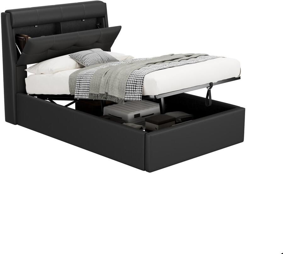 Merax Gestoffeerd Bed 90x200 cm met Hydraulisch Opbergruimte Eenpersoonsbed met Verborgen Hoofdbordvak – Kunstleer – Zwart