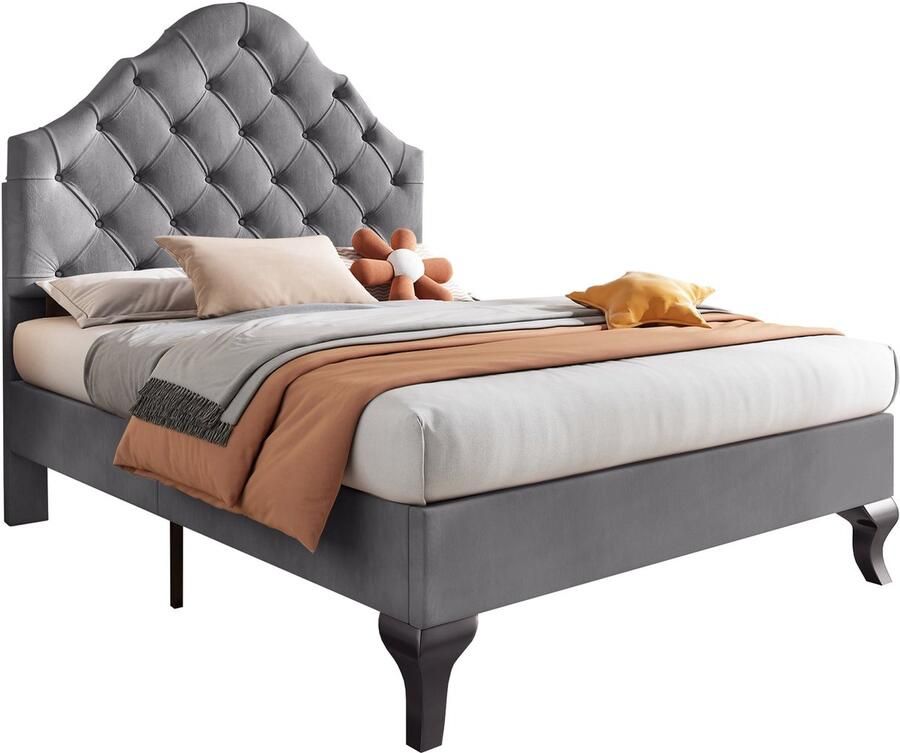 Merax Gestoffeerd Bed 90x200 cm met Lattenbodem en Hoogte Verstelbaar Hoofdbord Fluweel Grijs Geschikt voor Volwassenen & Tieners