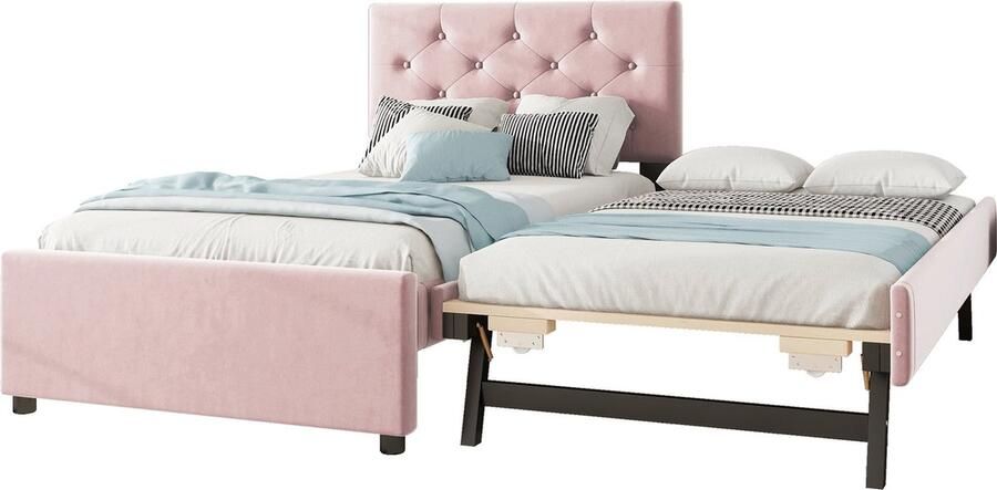 Merax Gestoffeerd Bed 90x200 cm met Lattenbodem (zonder Matras) en Rollcontainer Fluweel Minimalistisch Roze