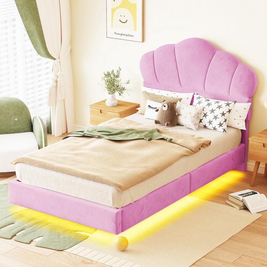 Merax Gestoffeerd bed 90x200 cm met LED lichtstrip wolkvormig hoofdeinde verborgen voeteneinde kinderbed roze zonder matras