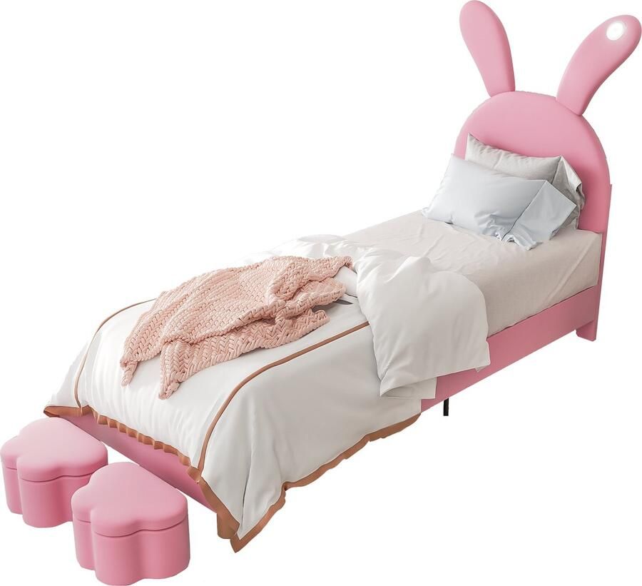 Merax Gestoffeerd Bed 90x200 cm met LED Nachtlampje en Verstelbaar Hoofdbord – Konijnen Vorm Eenpersoonsbed Uitklapbare Konijnenoren en Twee Hockers met Opbergruimte – Fluweel Roze Kinderbed