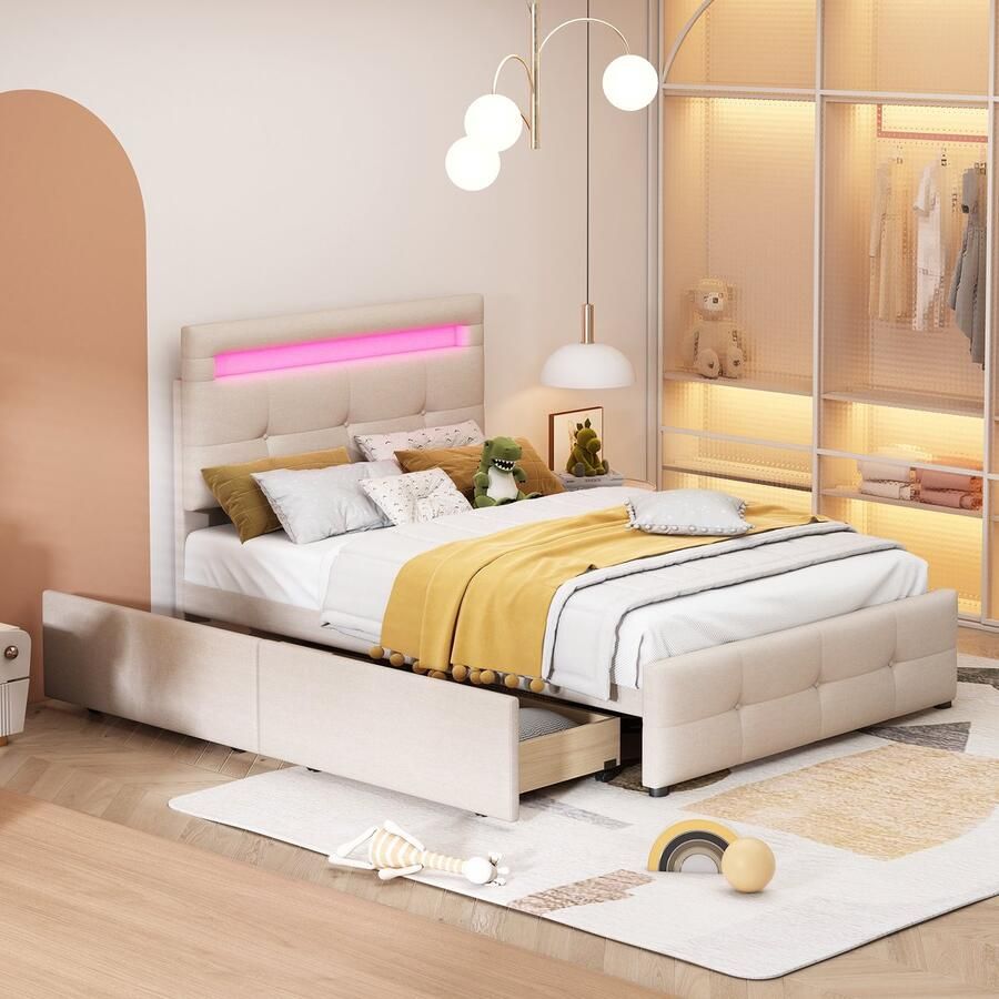 Merax Gestoffeerd bed 90x200 cm met LED-verlichting 2 laden eenpersoonsbed kinderbed tienerbed beige zonder matras