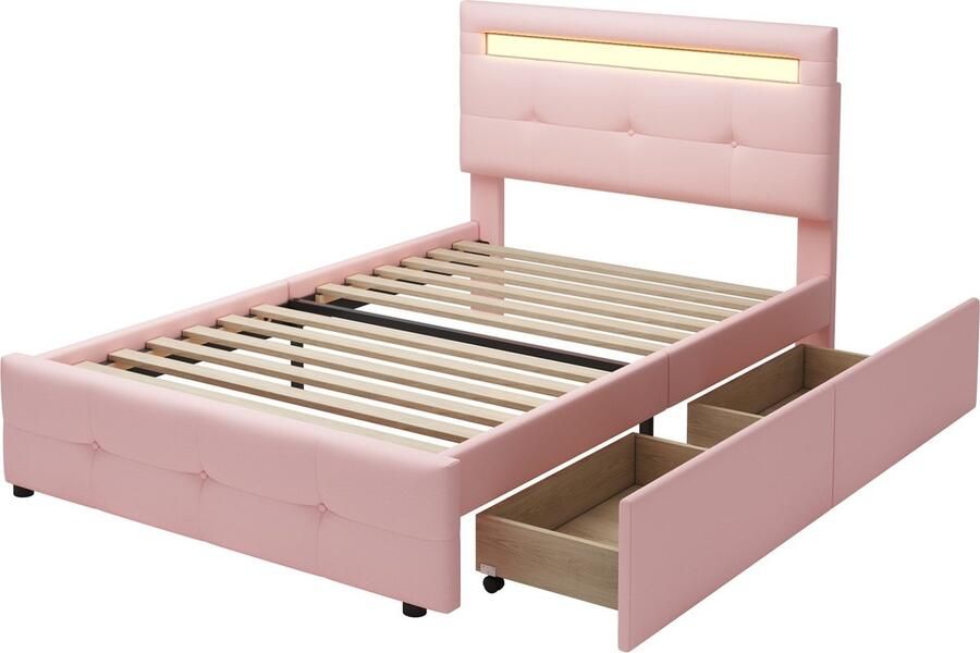 Merax Gestoffeerd Bed 90x200 cm met LED Verlichting 2 Opberglades en Fluweelachtige Linnen Bekleding Ideaal voor Kinderkamer Jeugd- of Logeerbed (Roze)