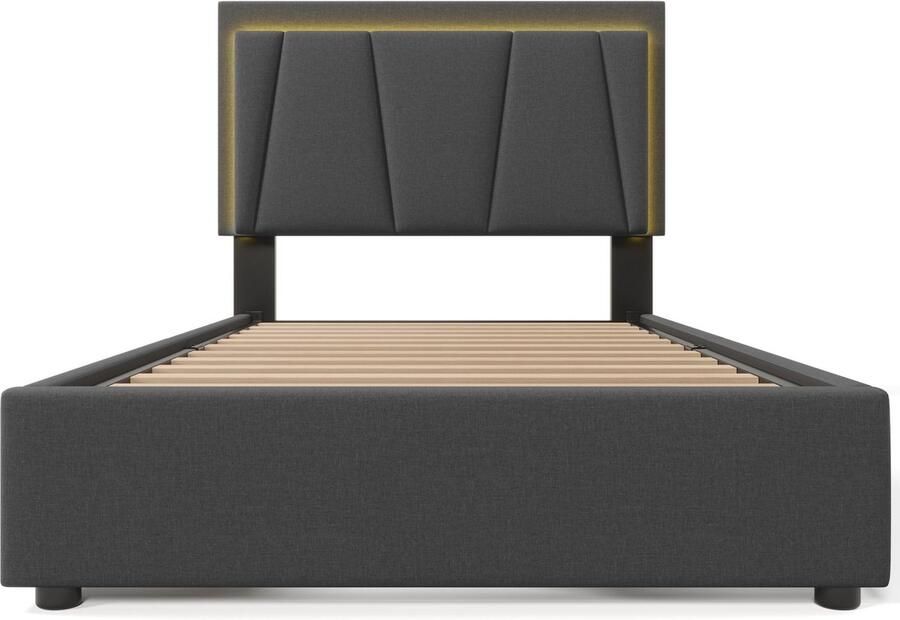 Merax Gestoffeerd Bed 90x200 cm met LED-Verlichting 2 Opberglades en Verstelbaar Hoofdbord Inclusief Matras Grijs