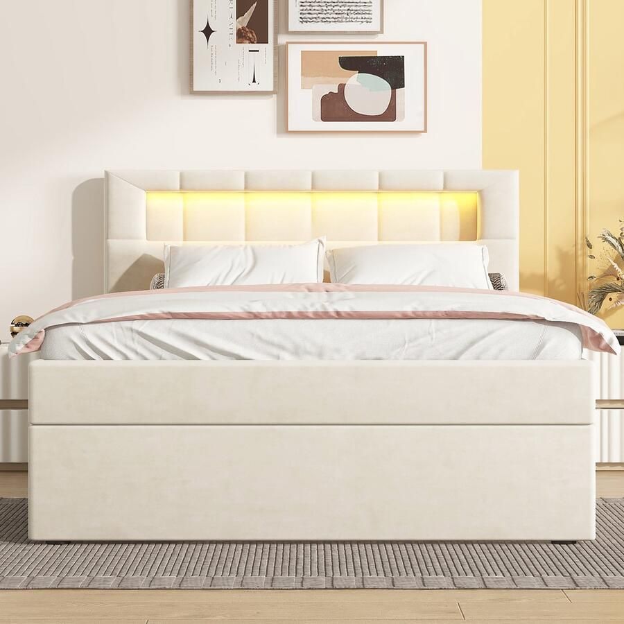 Merax Gestoffeerd bed 90x200 cm met LED-verlichting aan één kant open met opbergruimte verstelbare hoofdbord beige zonder matras