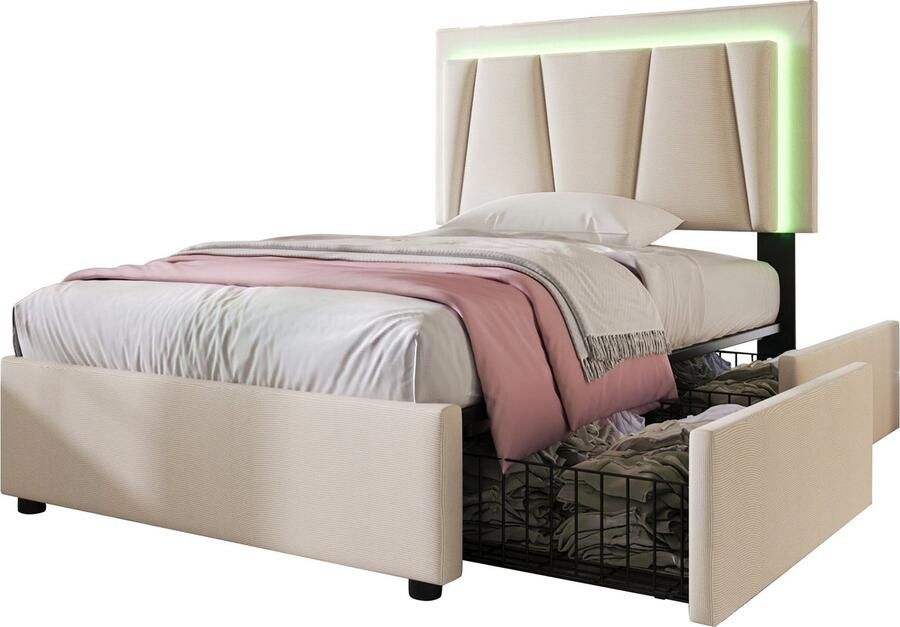 Merax Gestoffeerd Bed 90x200 cm met LED-Verlichting en 2 Laden – Verstelbaar Hoofdbord – Inclusief Matras – Beige