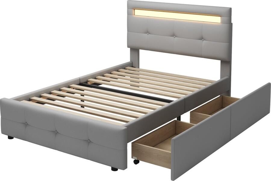 Merax Gestoffeerd Bed 90x200 cm met LED Verlichting en Schuifladen Kinderbed Logeerbed of Jeugdbed Houten Lattenbodem Grijs - Foto 2