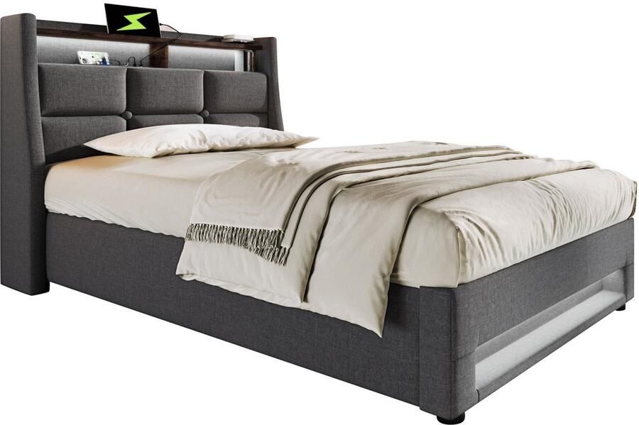 Merax Gestoffeerd Bed 90x200 cm LED Verlichting met Afstandsbediening & USB Oplaadstation Luxe Bedframe met Houten Lattenbodem Grijs Linnen