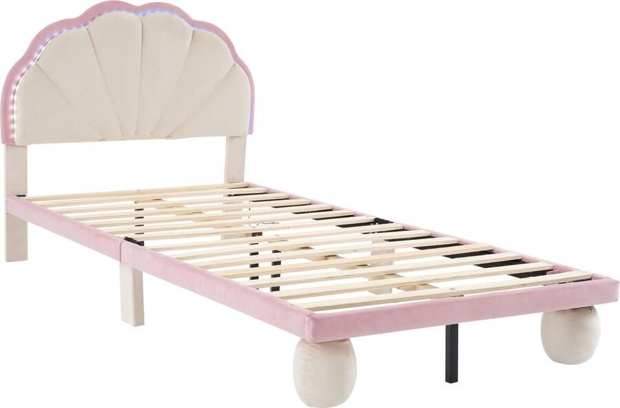 Merax Gestoffeerd Bed 90x200 cm met LED Verlichting en Wellenschliff Hoofdbord Beige en Roze Kleurencombinatie Kinderbed met Houten Lattenbodem