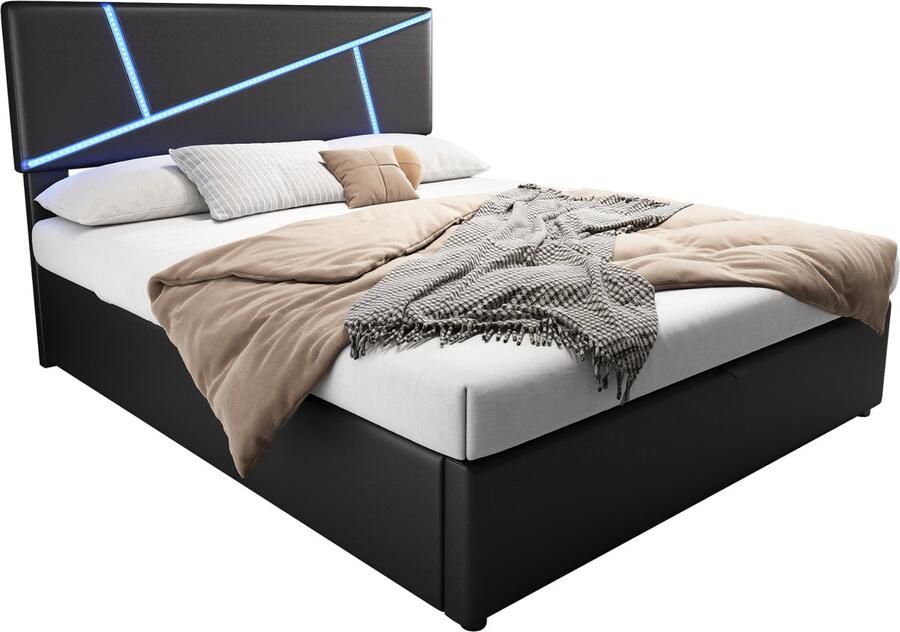 Merax Bequemes Polsterbett mit LED-Lichtleisten 90*200 cm Doppelbett mit Lattenrost Rückenlehne hydraulisches Funktionsbett Synthetisches Leder Schwarz - Foto 3