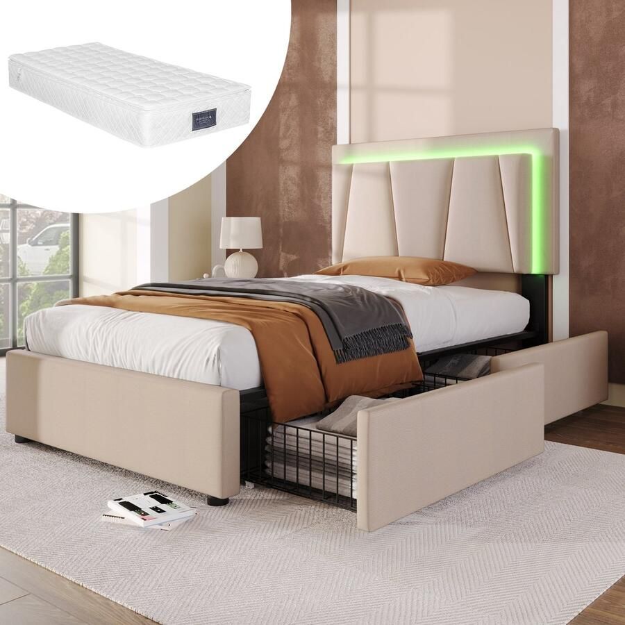 Merax Gestoffeerd Bed 90x200 cm met LED-Verlichting en 2 Laden – Verstelbaar Hoofdbord – Inclusief Matras – Beige - Foto 2