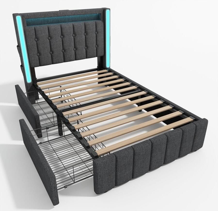 Merax Polsterbett USB Typ C Ladefunktion LED-Beleuchtung und 2 Schubladen Jugendbetten 90x200cm Einzelbett Stauraumbetten Bettgestell Lattenrost aus Holz Grau (Mit Matratze) - Foto 2