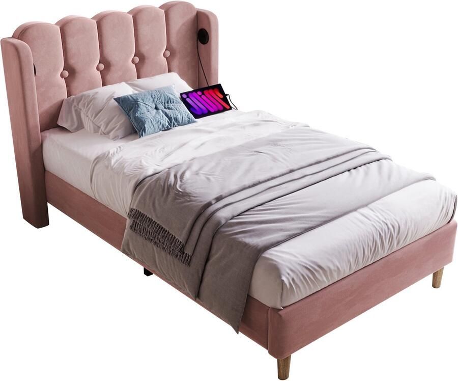 Merax Gestoffeerd Bed 90x200 cm met Matras – USB Type-C Laadfunctie – Fluwelen Bekleding in Roze – Eenpersoonsbed met Houten Lattenbodem – Geschikt voor Slaapkamer en Logeerkamer