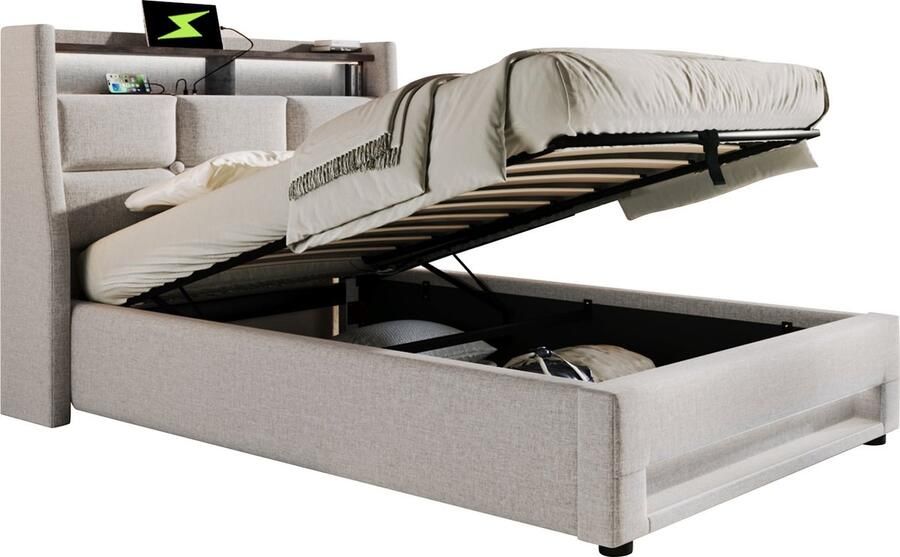Merax Gestoffeerd Bed 90x200 cm met USB Oplaadstation en LED-Verlichting Enkelbed met Lattenbodem en Houten Frame Beige Linnen