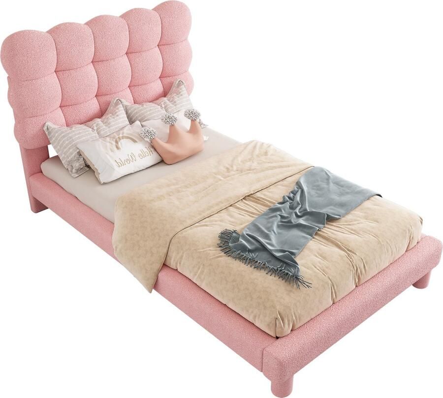 Merax Gestoffeerd Bed 90x200 cm met Verstelbaar Hoofdbord Velvet Eenpersoonsbed Roze