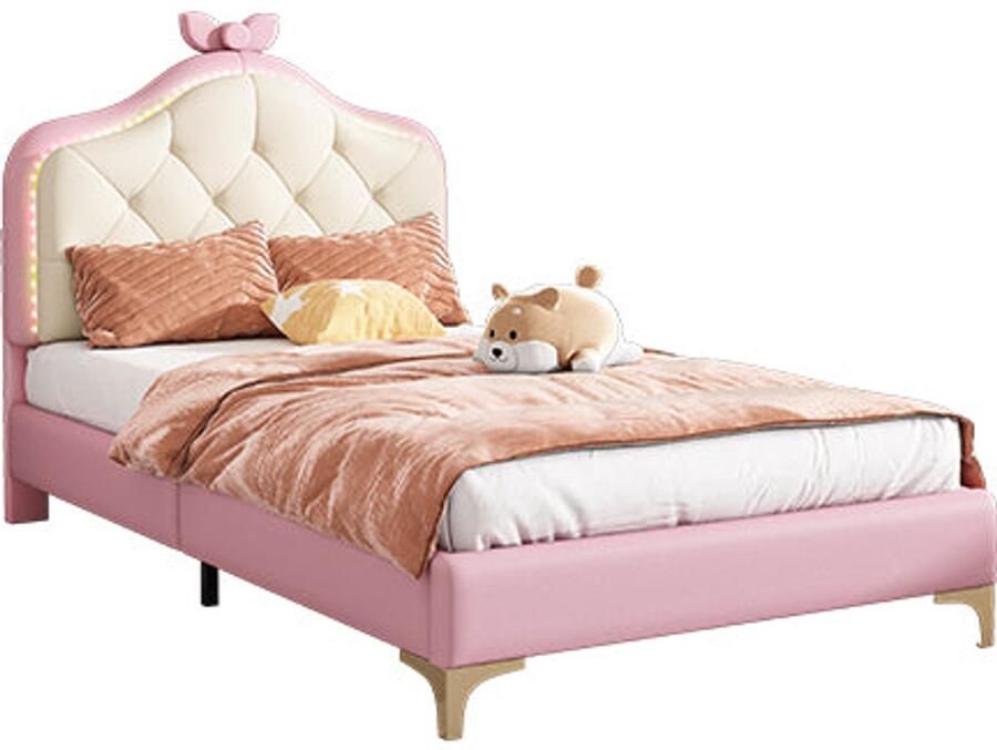 Merax Gestoffeerd Bed 90x200 cm met Wellenvormig Hoofdbord en LED-Verlichting Kinderbed met Meerkleurige LED Lichtstrepen en Rosa Strik PU Kunstleer Wit Roze