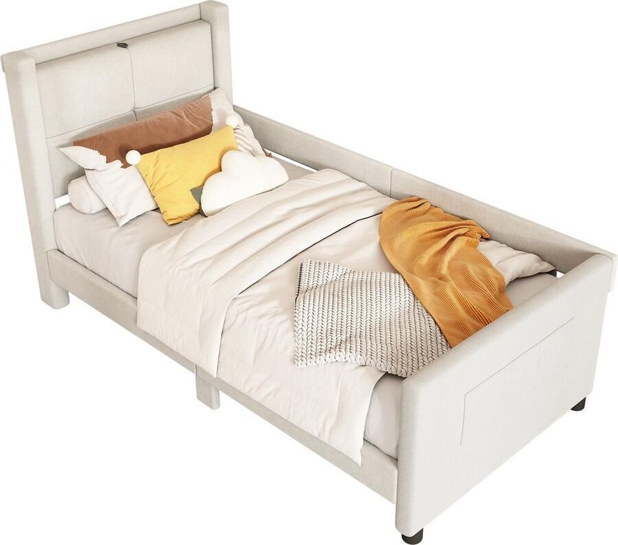 Merax Gestoffeerd Bed 90x200 cm Minimalistisch Design met USB-Aansluiting Beige