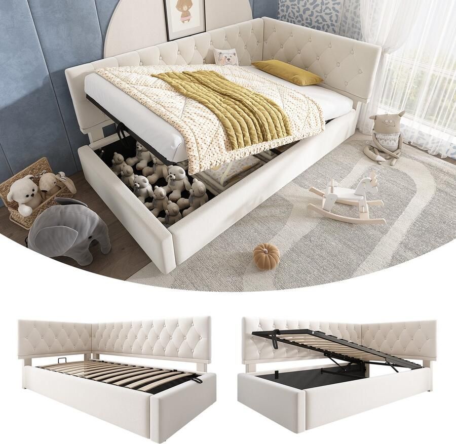 Merax Gestoffeerd bed 90x200 cm slaapbank met opbergruimte frame jeugdbed fluweel beige geen matras
