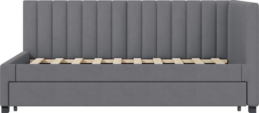 Merax Gestoffeerd Bed 90x200 cm – Uitschuifbaar Slaapbankje – Multifunctioneel Bed met Lattenbodem – Kinderbed & Logeerbed – Fluwelen Bekleding – Grijs - Foto 3
