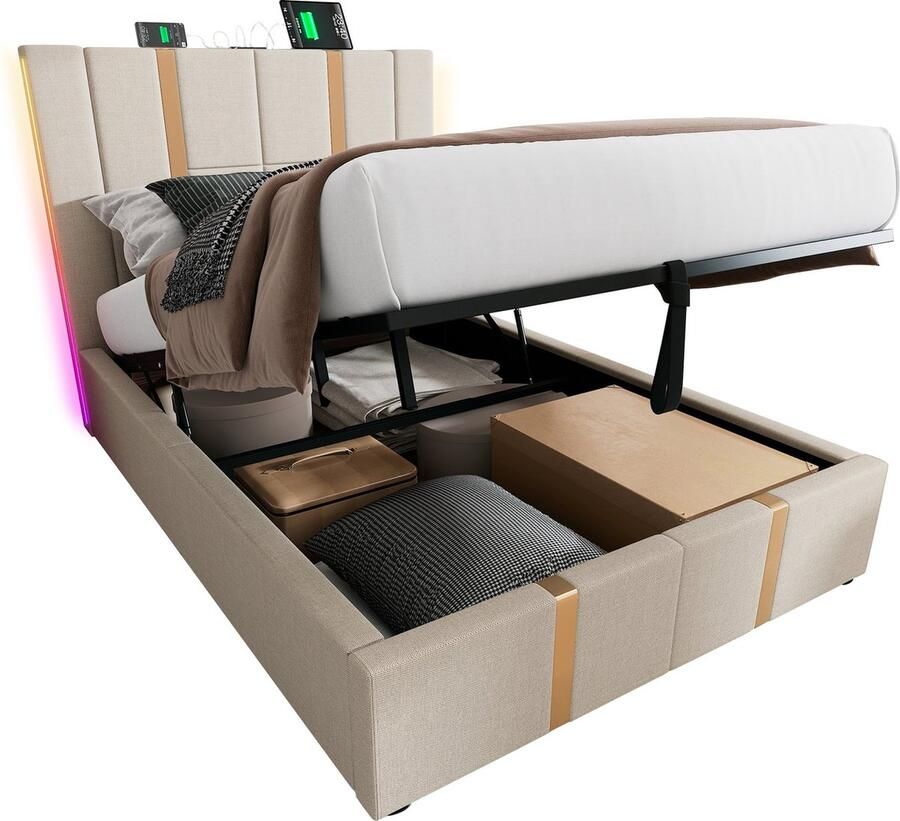 Merax Gestoffeerd Bed 90x200 cm – USB Type-C Ladefunctie APP-Control RGB LED Verlichting Hydraulische Opbergruimte Beige Linnen (Zonder Matras)