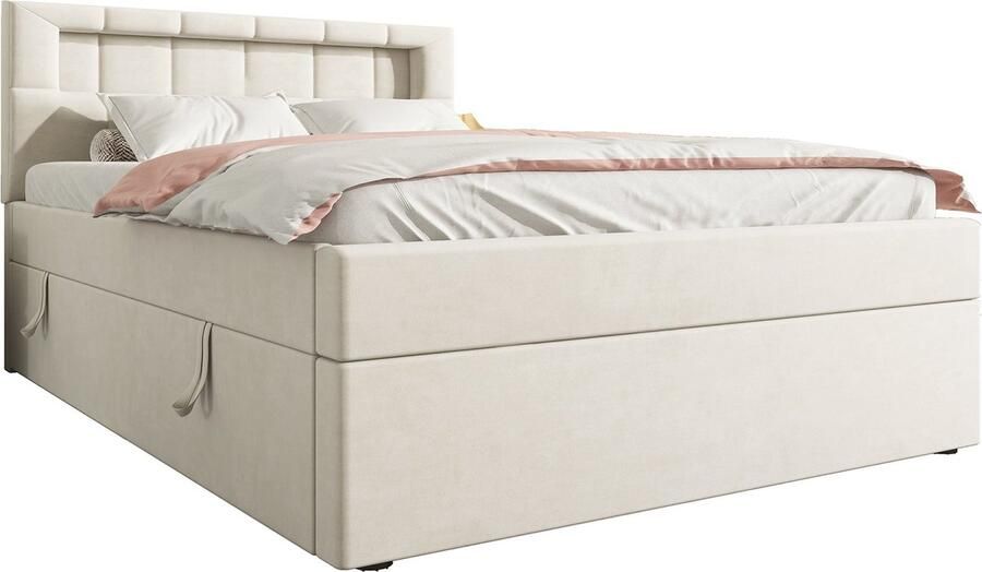 Merax Eenpersoonsbed 90x200 cm – Beige Velvet Bed met LED Verlichting – Verstelbaar Hoofdbord – Hydraulisch Opbergruimte - Foto 2