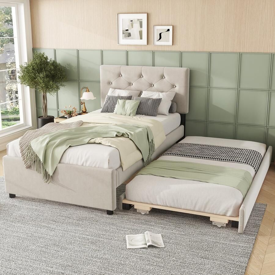 Merax Gestoffeerd bed 90x200 cm zonder matras Bed met rolcontainer fluweel beige