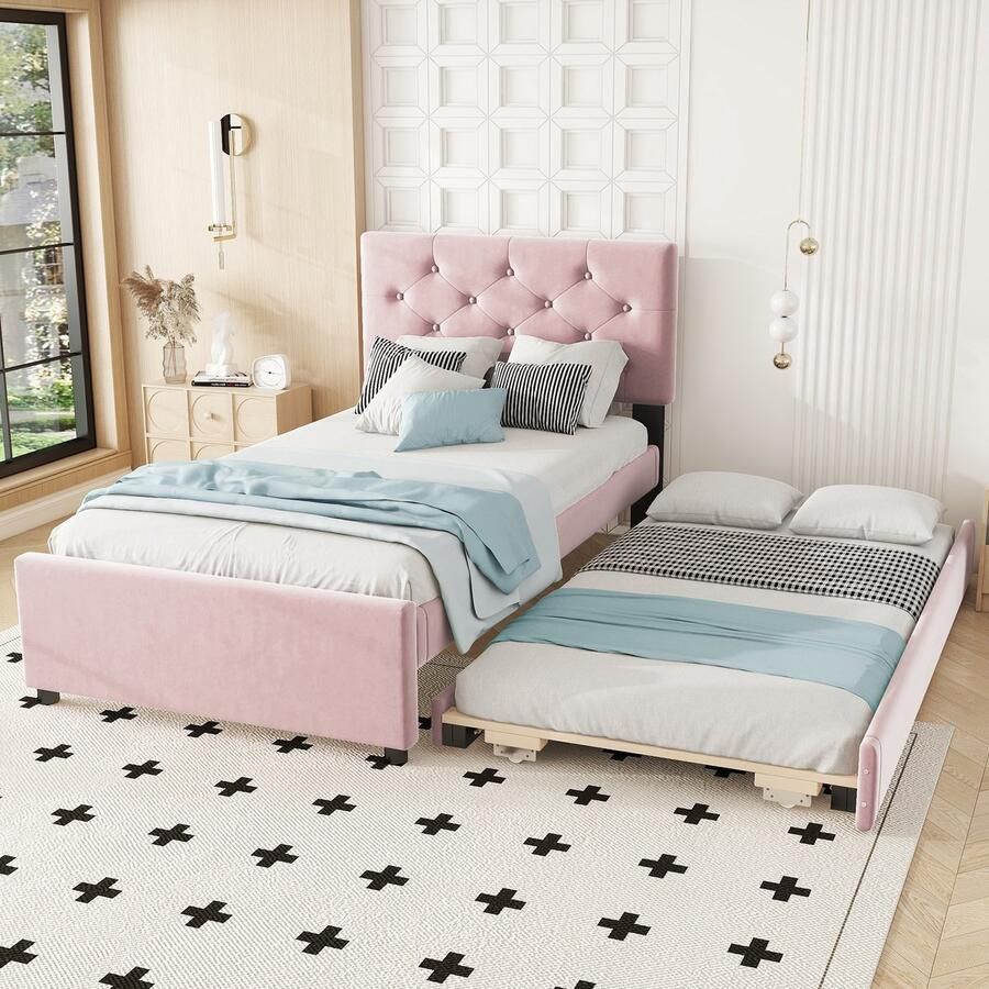 Merax Gestoffeerd bed 90x200 cm zonder matras Bed met rolcontainer fluweel roze