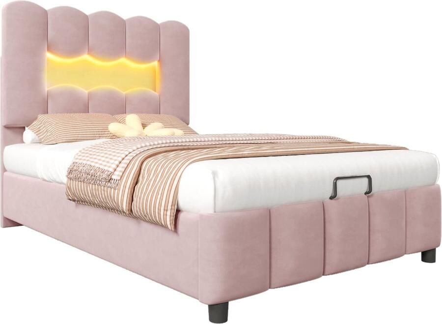 Merax Gestoffeerd Bed 90x200 cm Zonder Matras LED Verlichting met Afstandsbediening Hydraulisch Systeem Verstelbaar Hoofdbord Fluwelen Stof Roze