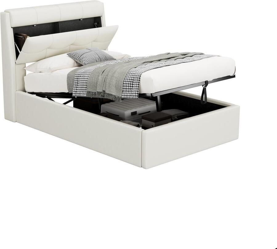 Merax Gestoffeerd Bed 90x200 – Hydraulisch Bed Met Opbergruimte – Verborgen Hoofdbordplank – Inclusief Houten Lattenbodem – Zonder Matras – Wit