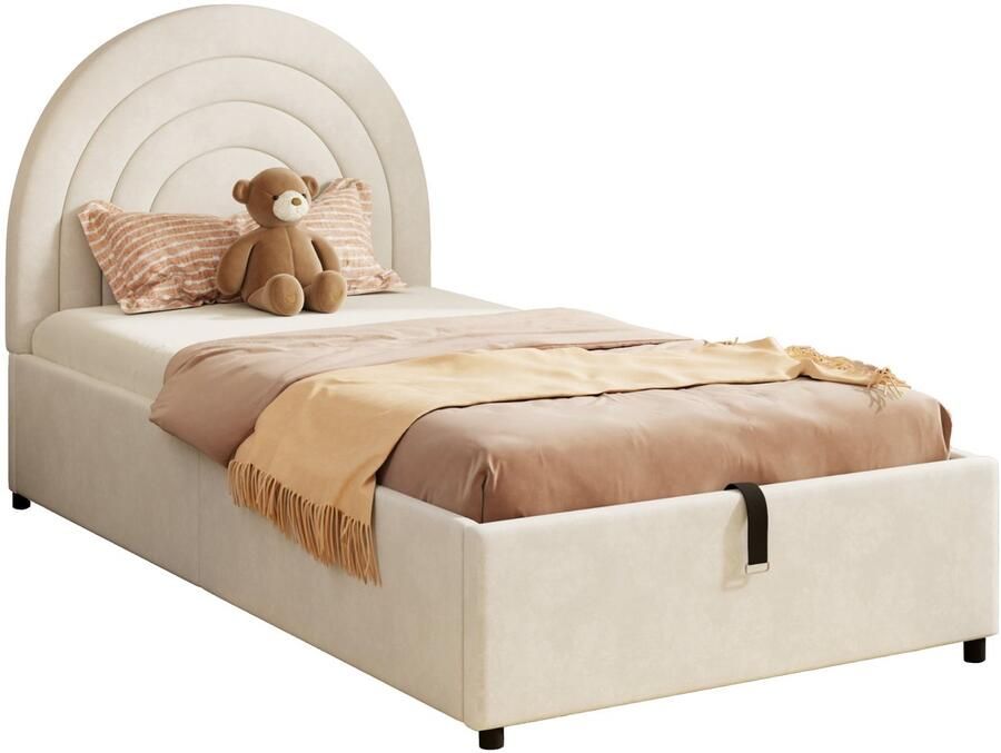 Merax Gestoffeerd Bed 90x200 Kinderbed met Lattenbodem en Hoofdbord Eenpersoonsbed van Fluwelen Stof Beige