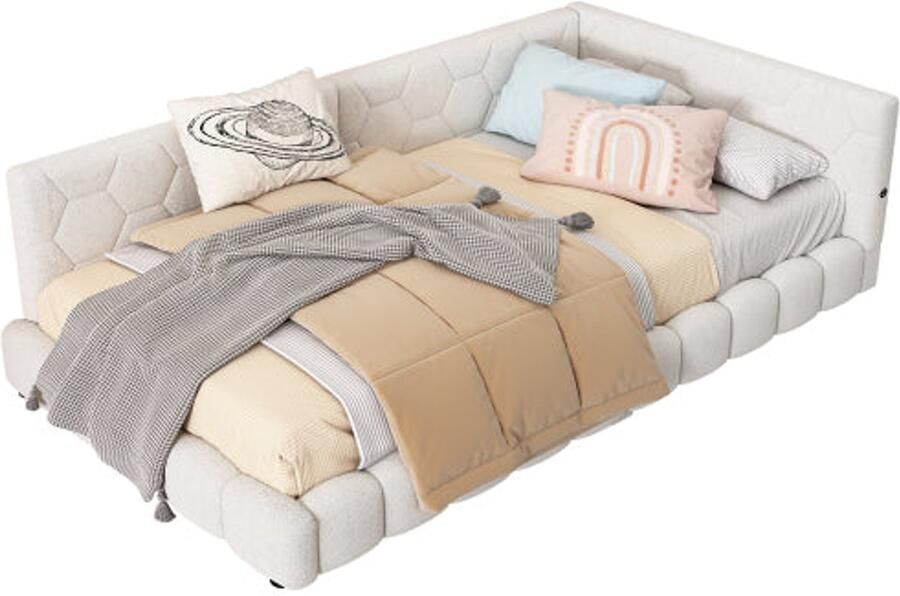 Merax Gestoffeerd Bed 90x200 cm – Fluwelen Stof LED Verlichting USB Type-C Houten Lattenbodem – Wit (Zonder Matras) - Foto 2