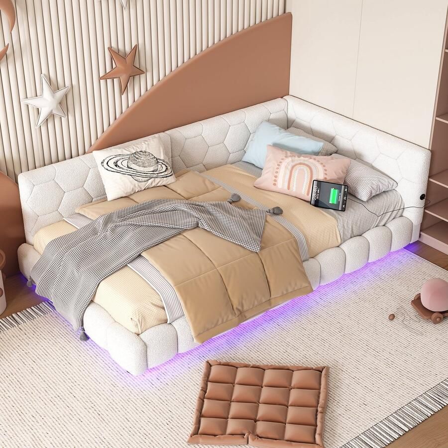 Merax Gestoffeerd Bed 90x200 cm – Fluwelen Stof LED Verlichting USB Type-C Houten Lattenbodem – Wit (Zonder Matras)