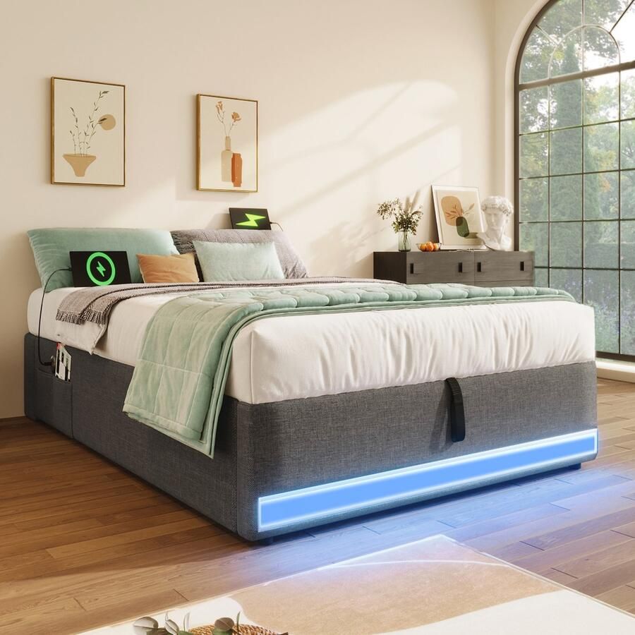 Merax Gestoffeerd bed 90x200cm afstandsbediening LED-lichtstrip met USB en Type-C met kleine opbergtas geen matras grijs