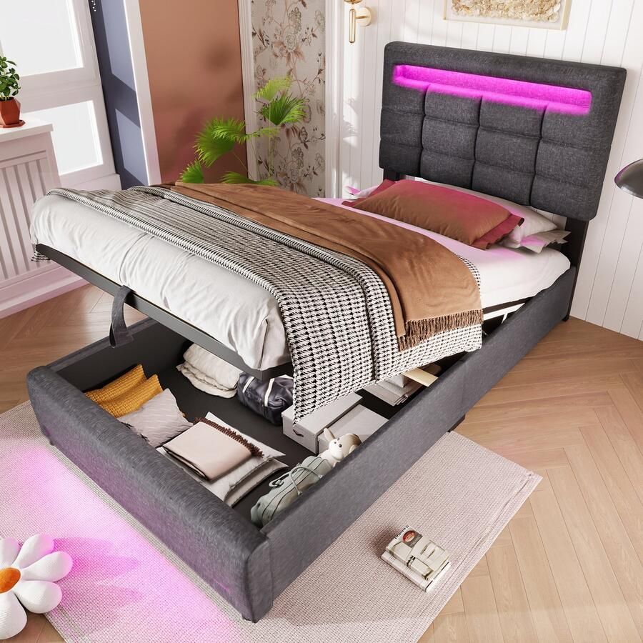 Merax Gestoffeerd bed 90x200cm APP afstandsbediening met LED-verlichting zonder matras met USB-aansluiting grijs