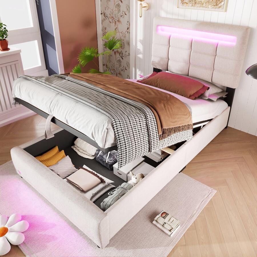 Merax Gestoffeerd bed 90x200cm APP afstandsbediening met LED-verlichting zonder matras met USB-aansluiting beige