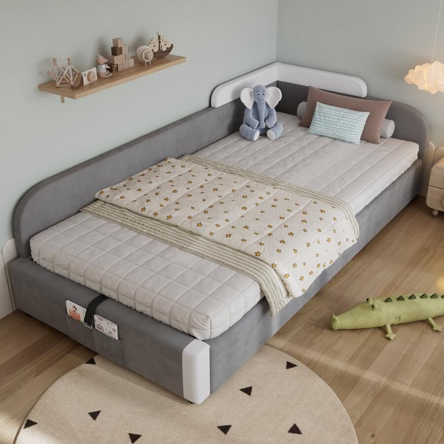 Merax Gestoffeerd bed 90x200cm kinderbed met opbergruimte verhoogde zachte leuning zijpaneel aan de linkerkant grijs zonder matras