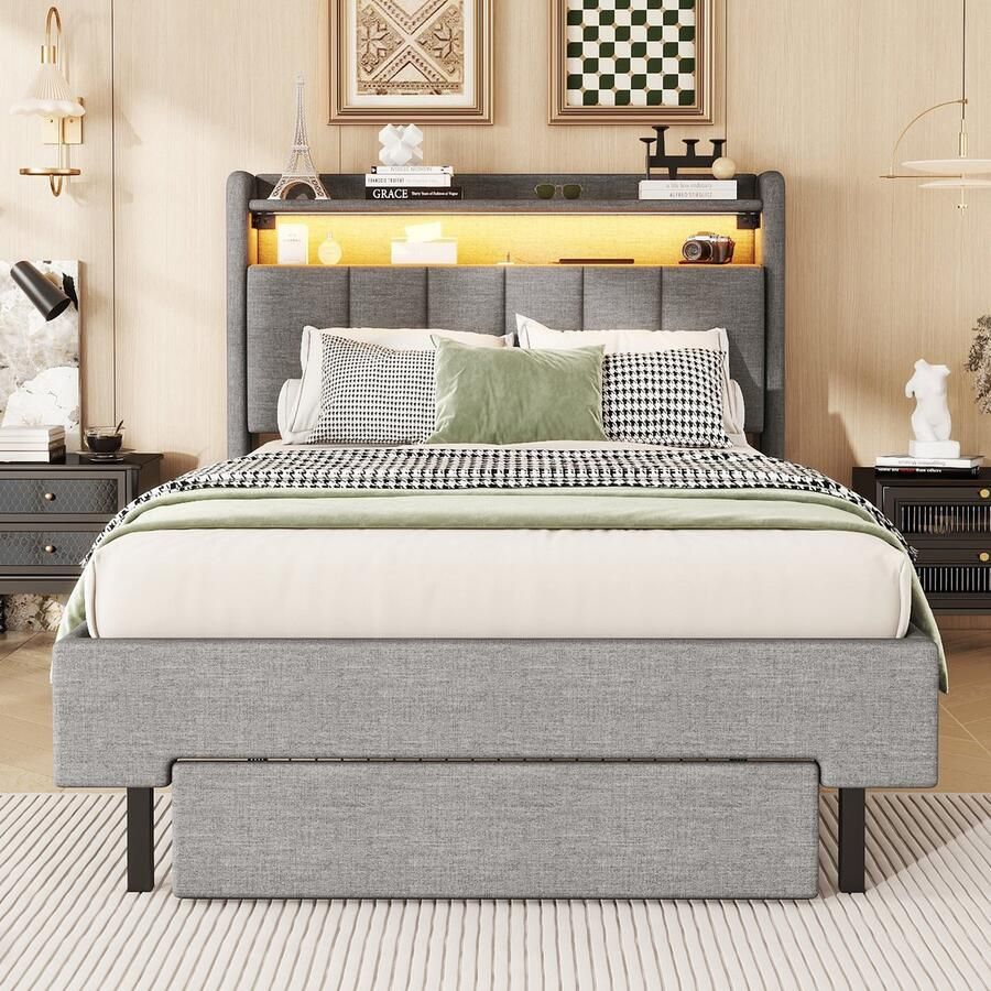 Merax Gestoffeerd bed 90x200cm met LED-verlichting USB-aansluiting opklapbare hoofdbord met opbergruimte bedkist grijs zonder matras