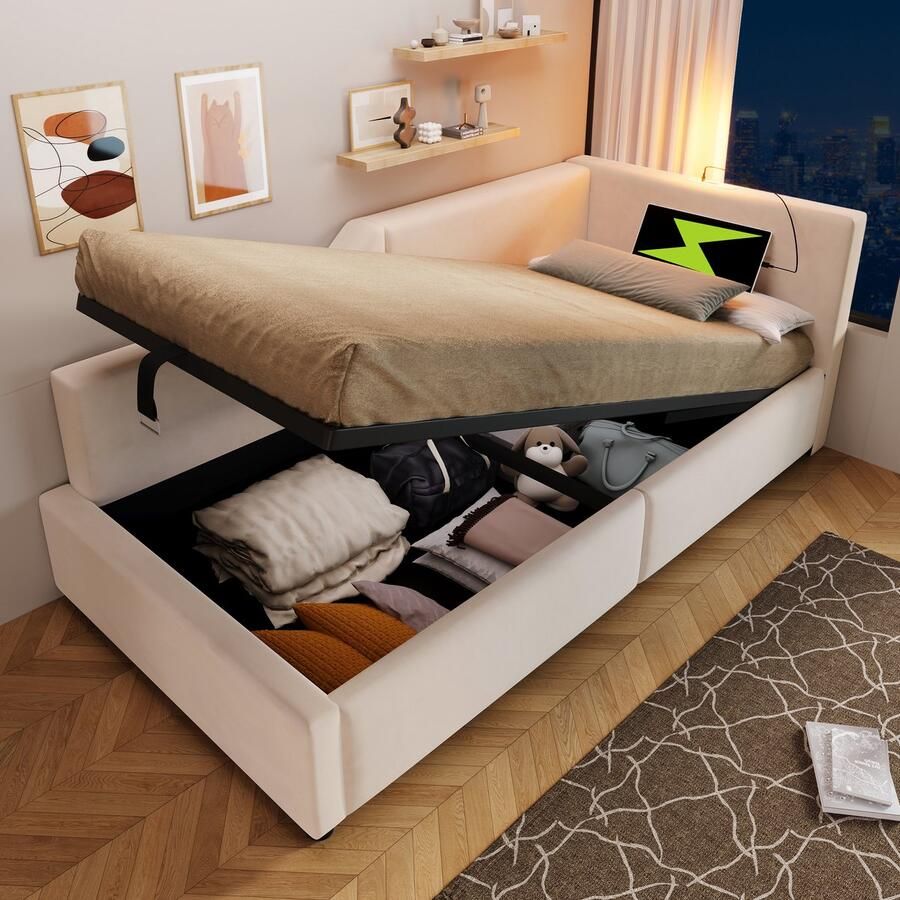 Merax Gestoffeerd bed 90x200cm slaapbank met opbergruimte leeslichtfunctie en USB-C oplaadfunctie kinderbed zonder matras beige