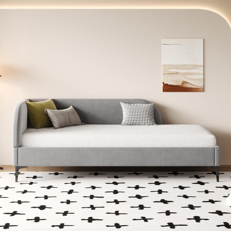 Merax Gestoffeerd Bed 90x200cm Slaapbank Multifunctioneel Bed met Lattenbodem Huidvriendelijke Fluwelen Stof Grijs(Zonder matras)