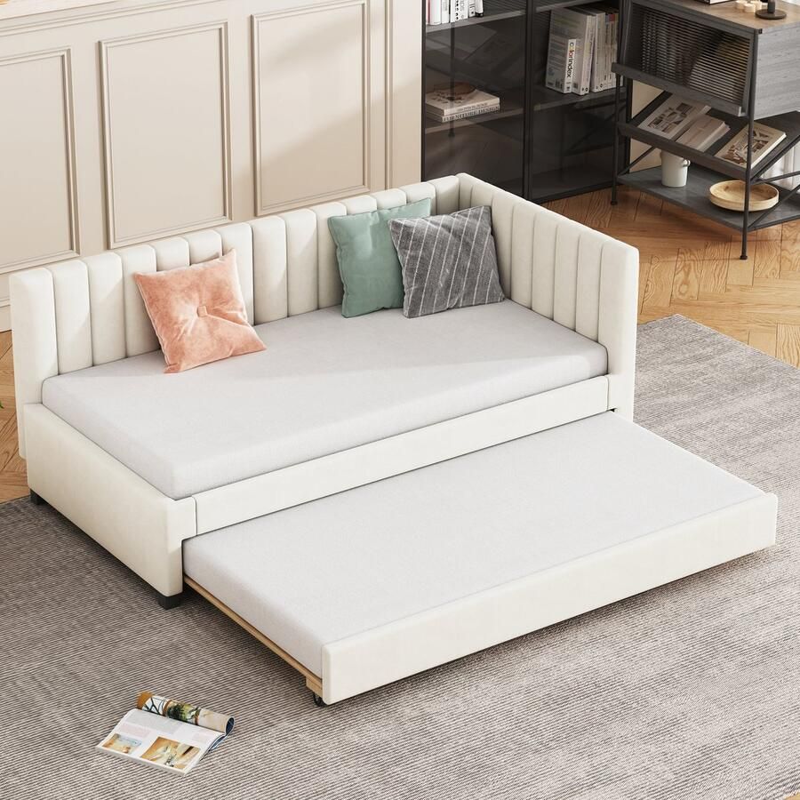 Merax Gestoffeerd bed 90x200cm uitschuifbare slaapbank multifunctionele lattenbodem kinderbed logeerbed beige zonder matras