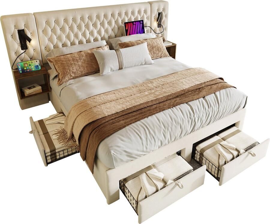Merax Gestoffeerd Bed Compleet Set 160 x 200 cm met 2 Nachtkastjes 4 Laden en USB-aansluiting Beige Fluwelen Stof (zonder Matras)