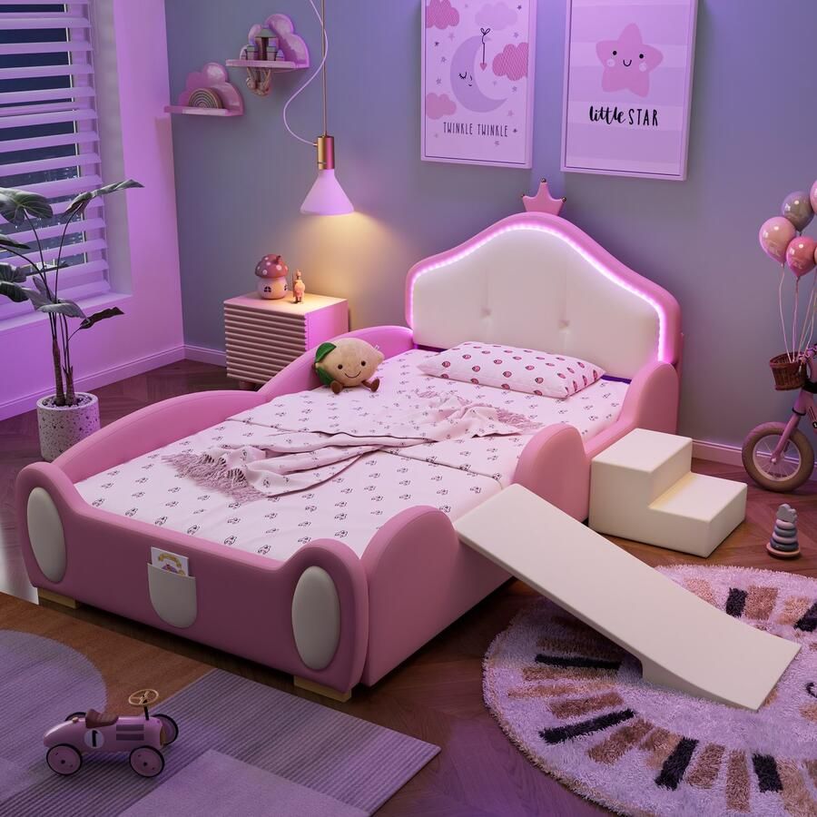 Merax Gestoffeerd bed Crown Cartoon bed Met Multi-mode LED-strip Kinderbed Met Kleine Glijbaan En Trap Roze 90x200cm zonder matras