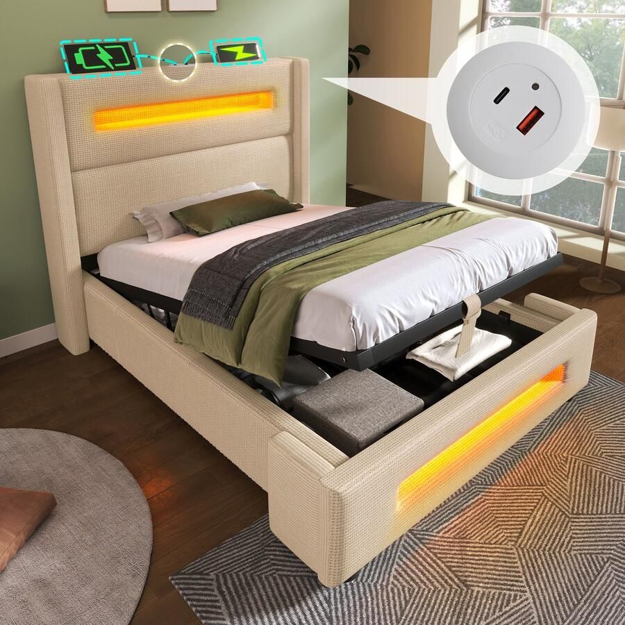 Merax Gestoffeerd bed Eenpersoonsbed 90x200 cm Jeugdbed met LED-verlichting Opbergbed met opbergruimte en opladen via USB Type-C beige zonder matras