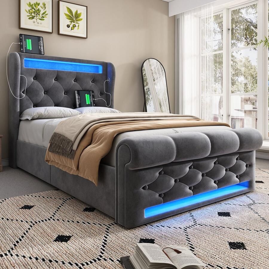 Merax Gestoffeerd bed eenpersoonsbed 90x200 cm met LED-verlichting met USB- en Type-C-poorten met opbergruimte grijs zonder matras