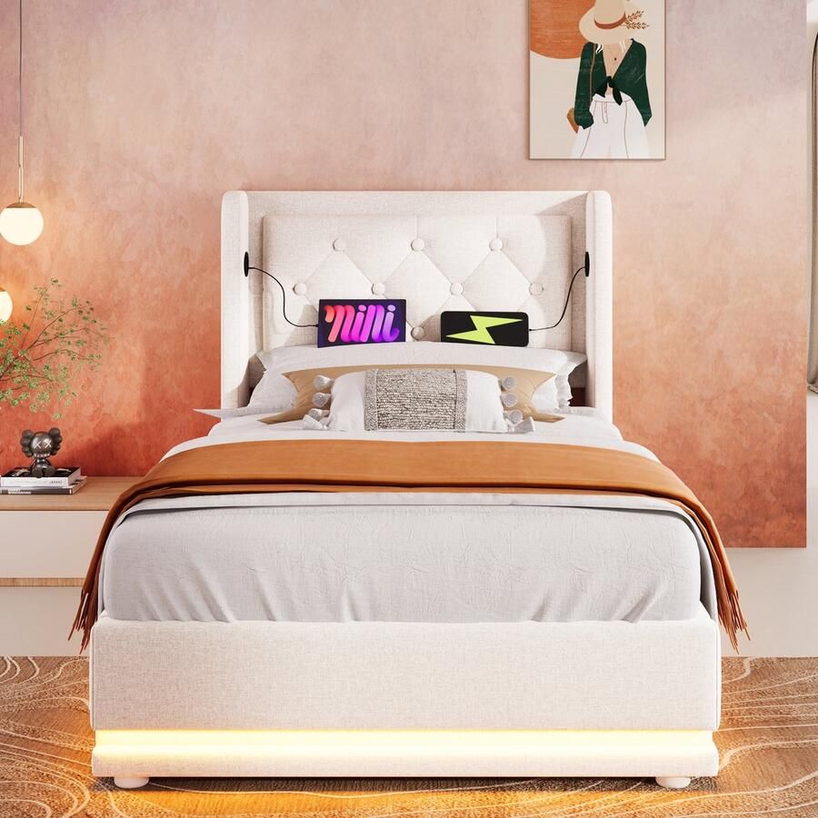 Merax Gestoffeerd bed eenpersoonsbed 90x200 cm met USB Type-C opladen met LED-verlichting matras niet inbegrepen beige linnen