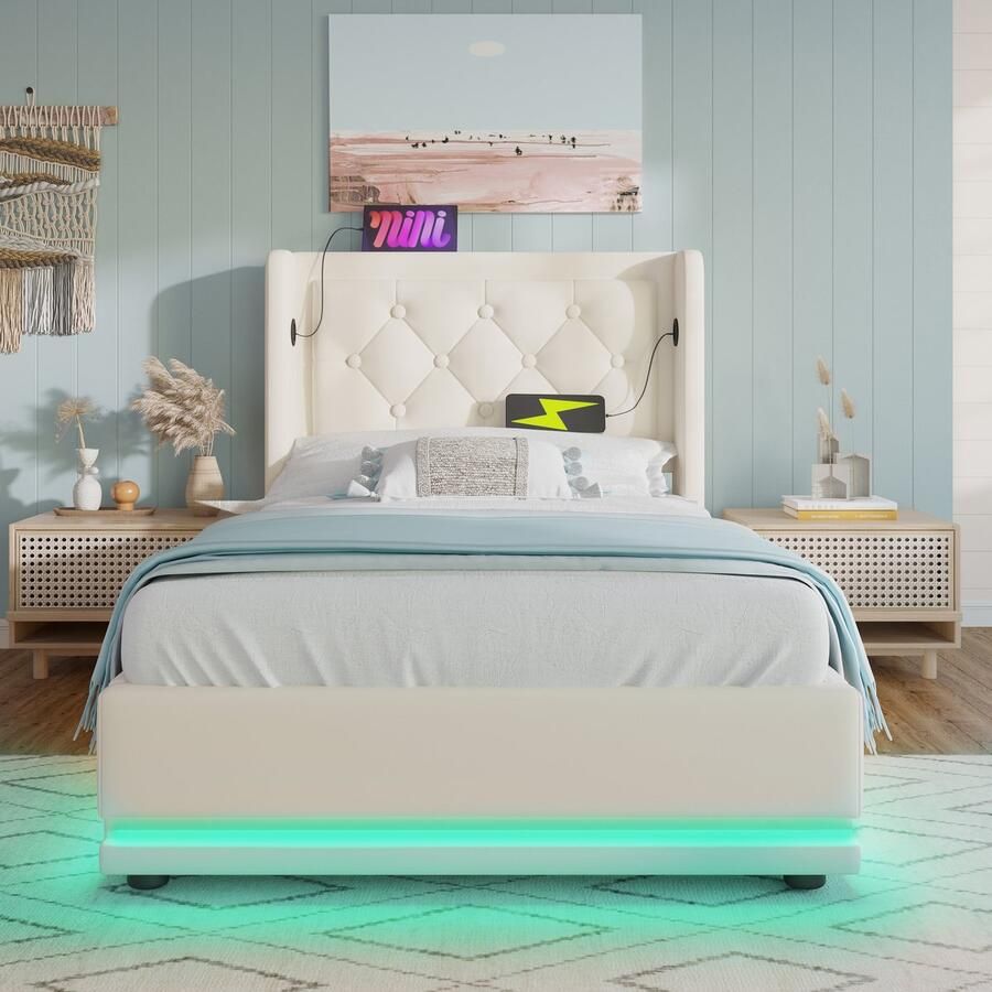 Merax Gestoffeerd bed eenpersoonsbed 90x200 cm met USB Type-C opladen met LED-verlichting zonder matras wit PU