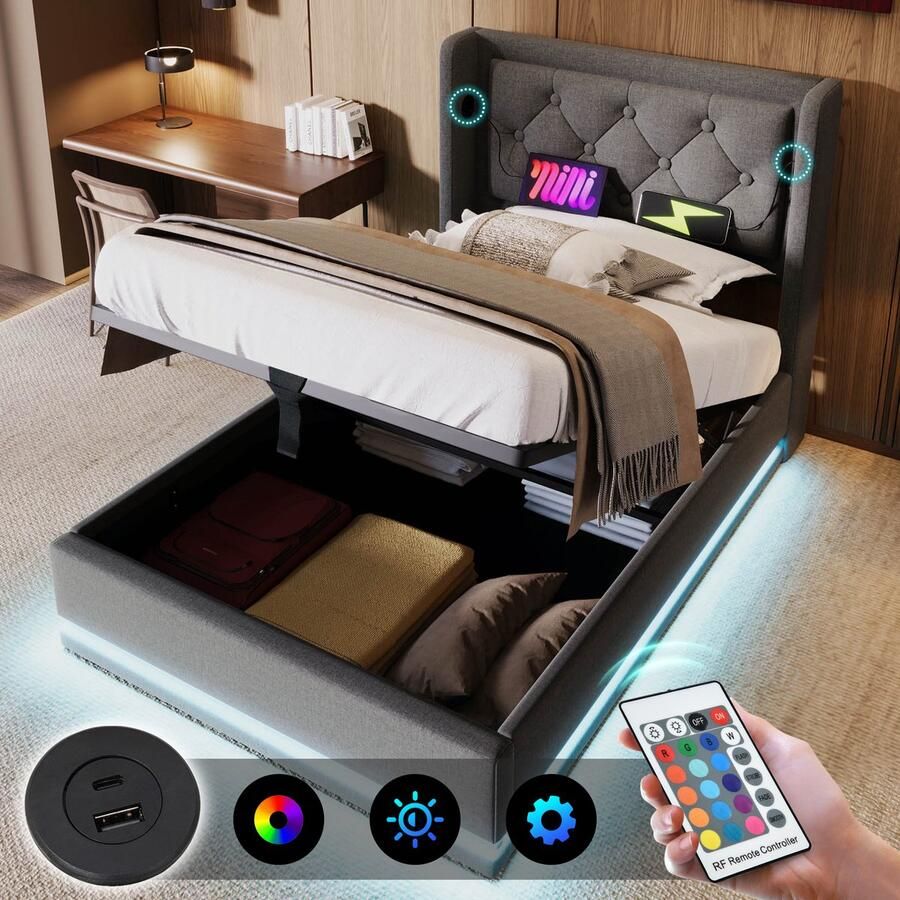 Merax Gestoffeerd bed eenpersoonsbed 90x200 cm met USB Type-C opladen met LED-verlichting zonder matras grijs linnen