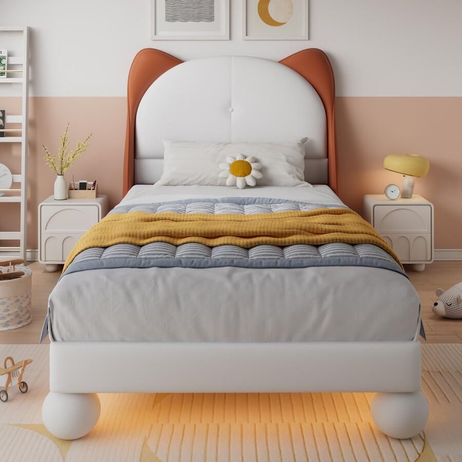 Merax Gestoffeerd bed Eenpersoonsbed Kinderbed Cat-ear hoofdeinde LED-strip onder bed in instelbare kleur beige geelbruin 90x200 cm zonder matras